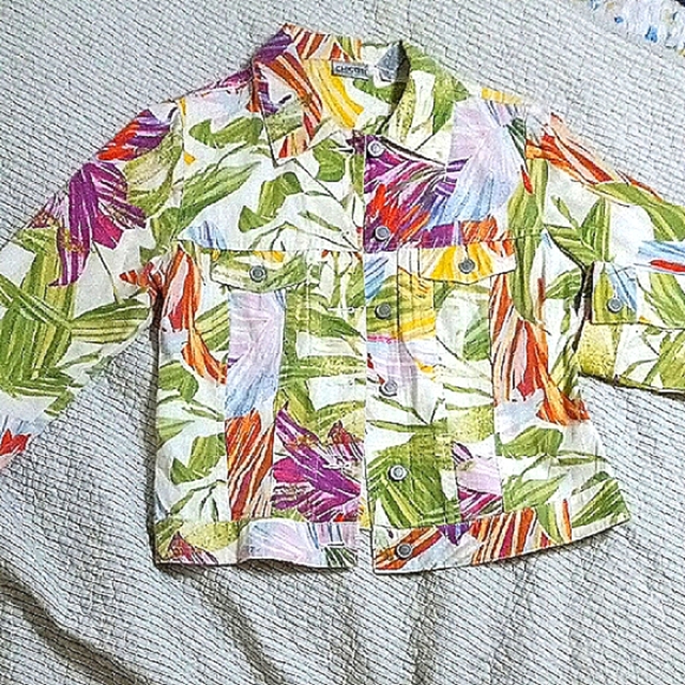 Chico's Vibrant Floral Jacket in Yellow and Green Linen And Cotton Size 0